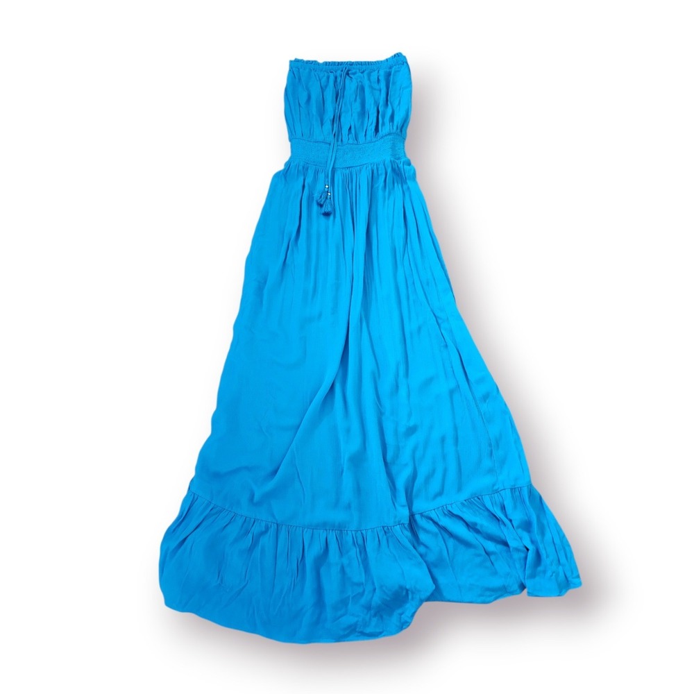 WHBM Strapless Marine Blue Viscose Boho Cottagecore Festival Maxi Dress sz S